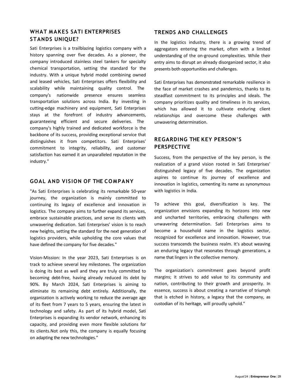 what makes sati enterprises stands unique