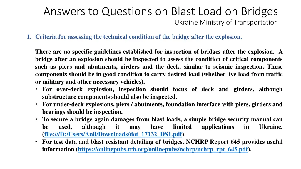 answers to questions on blast load on bridges 1