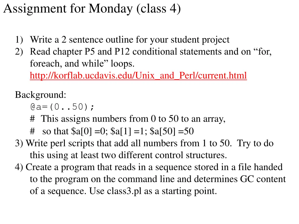 assignment for monday class 4
