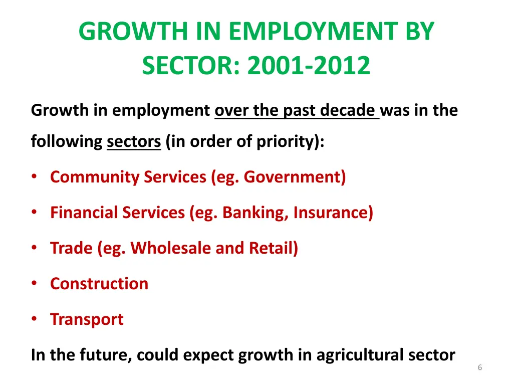 growth in employment by sector 2001 2012
