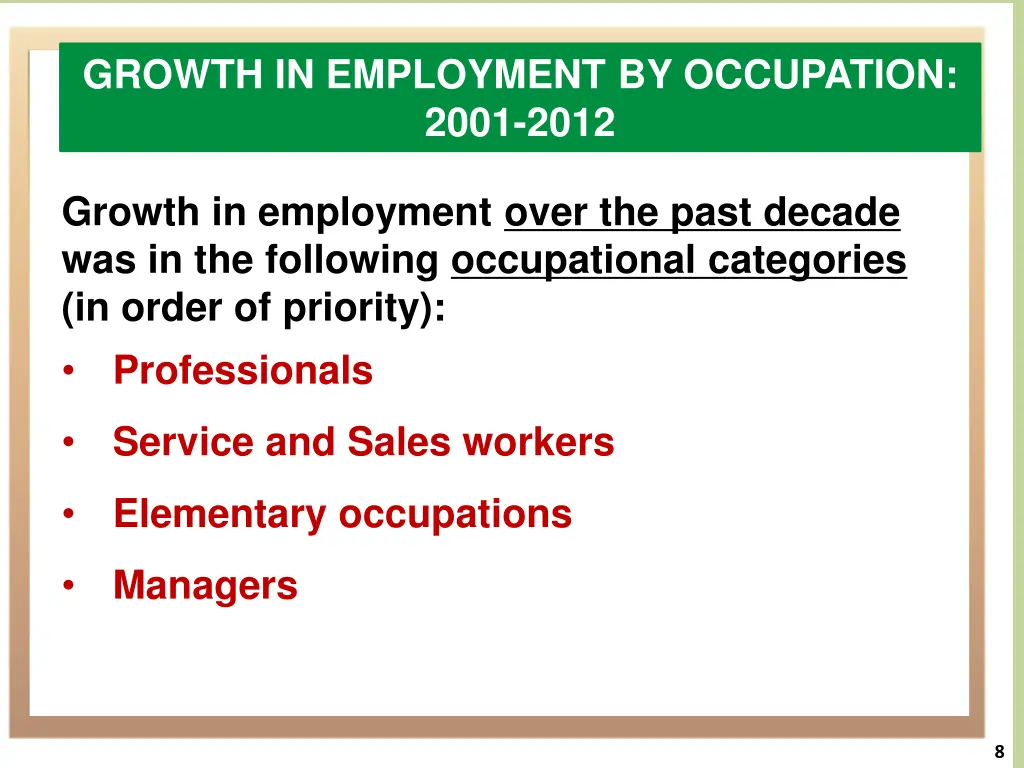 growth in employment by occupation 2001 2012 1