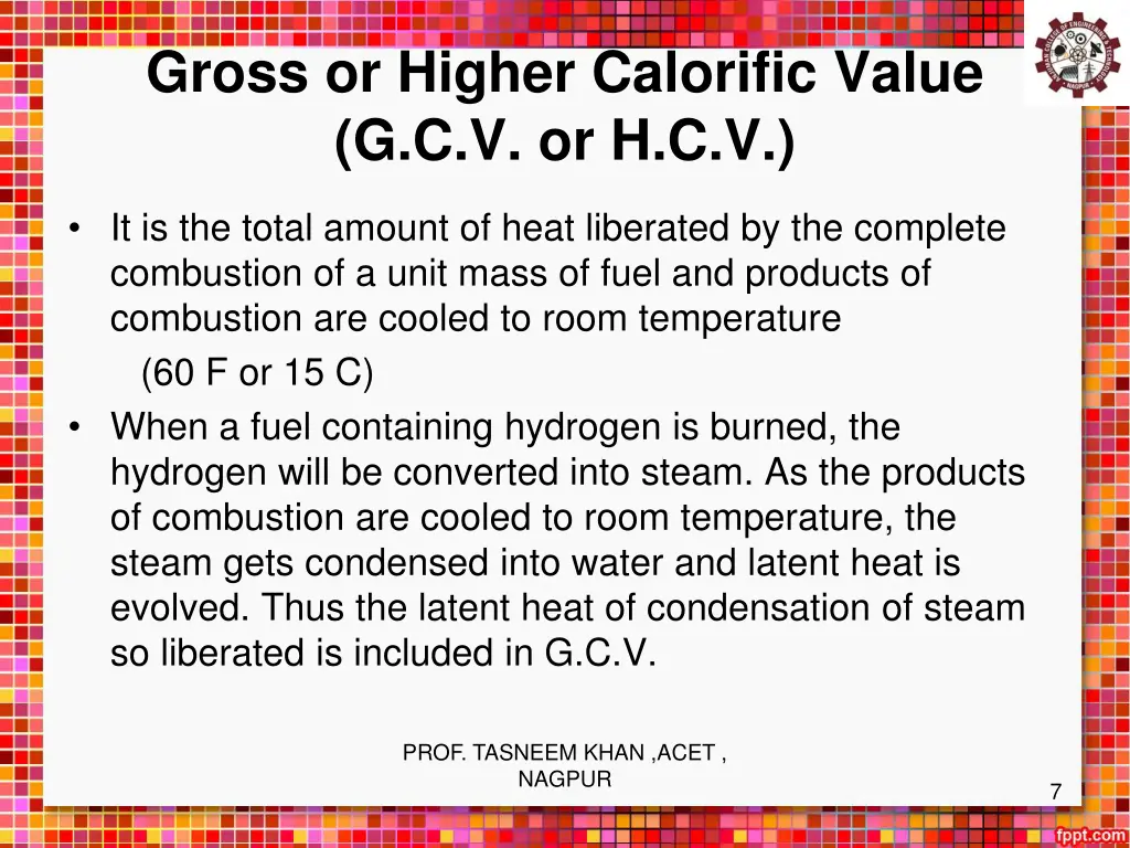gross or higher calorific value g c v or h c v