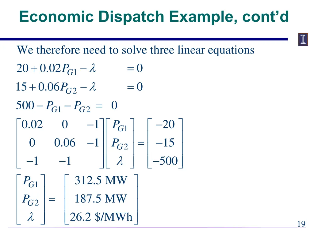 economic dispatch example cont d