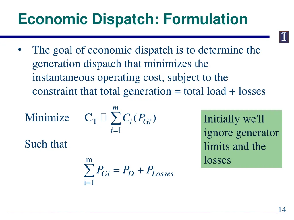 economic dispatch formulation