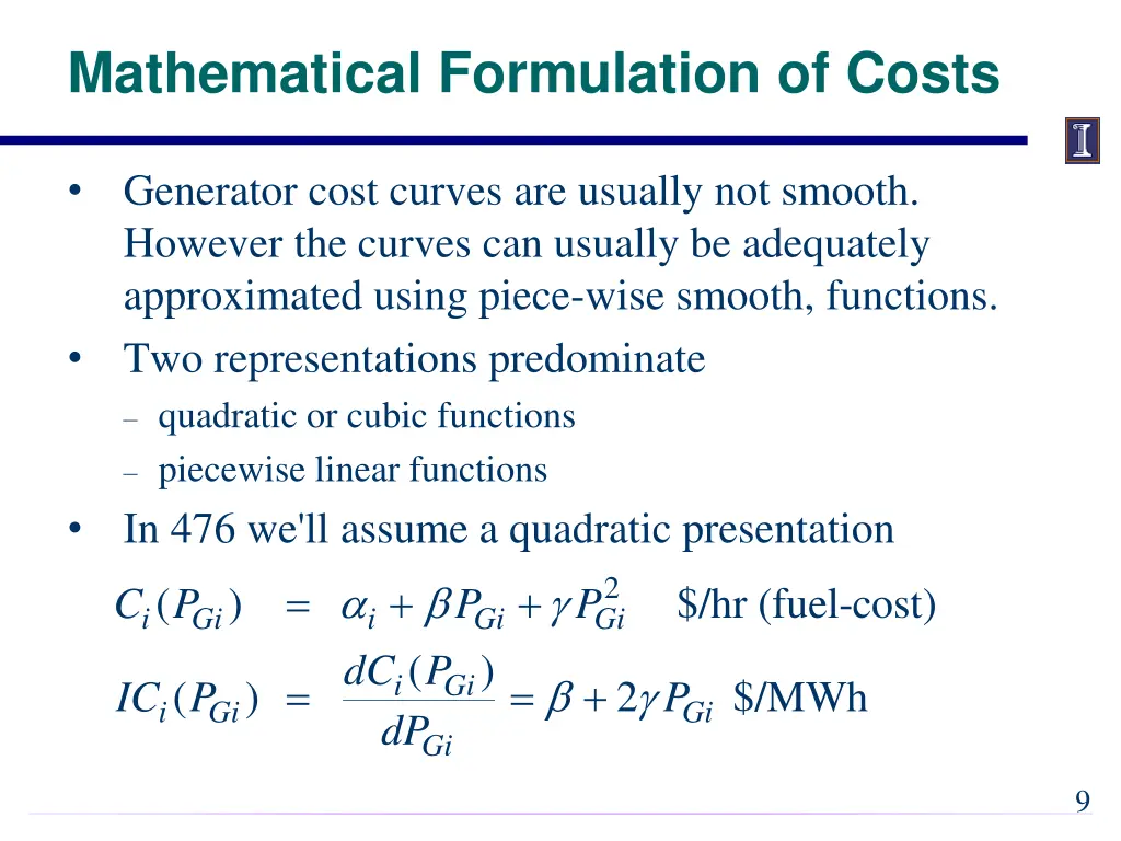 mathematical formulation of costs