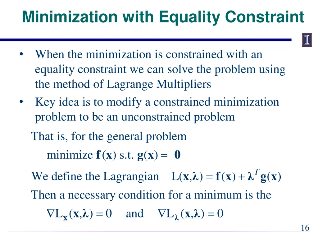 minimization with equality constraint