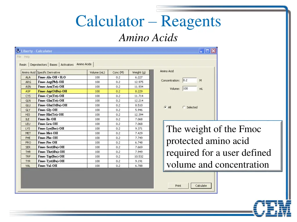 calculator reagents amino acids