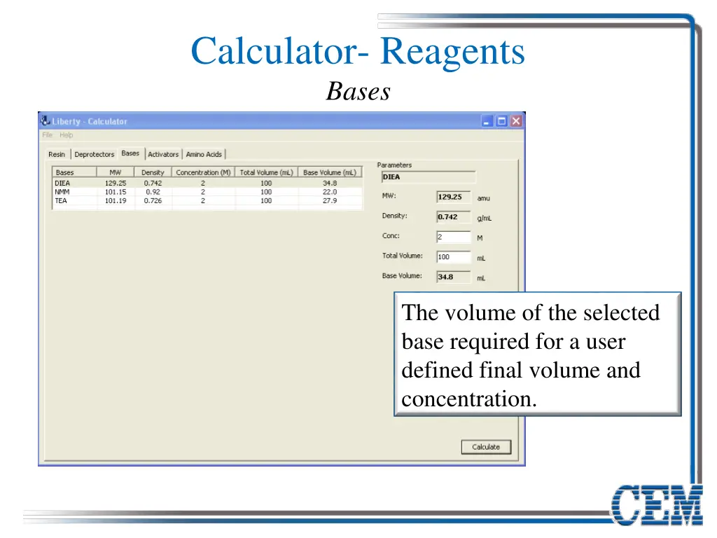 calculator reagents bases