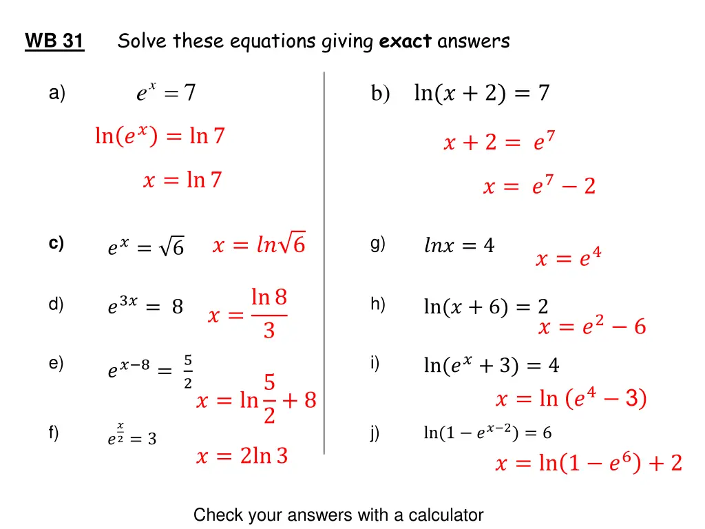 wb 31 solve these equations giving exact answers