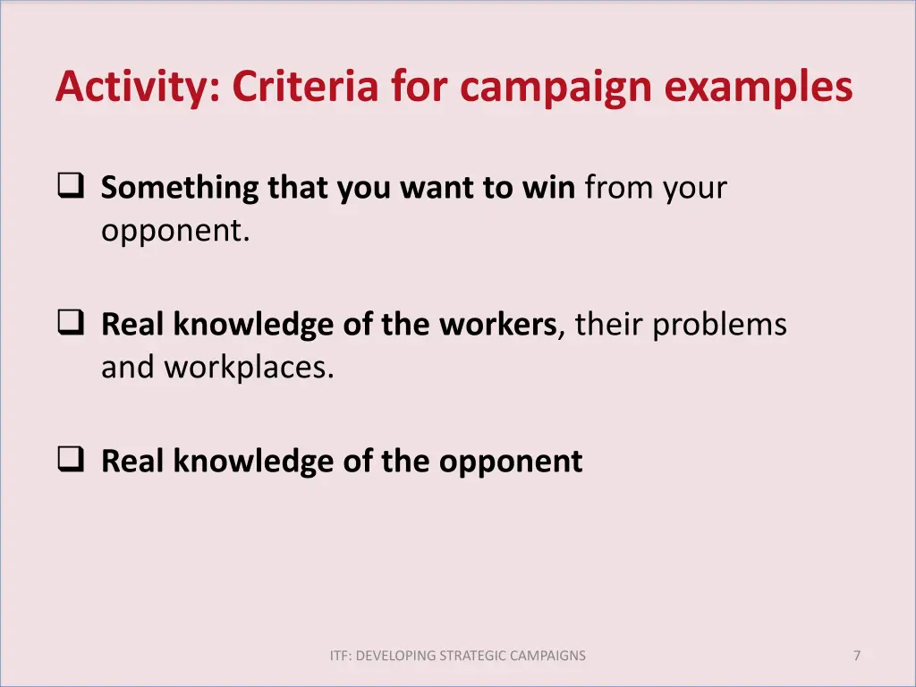 activity criteria for campaign examples