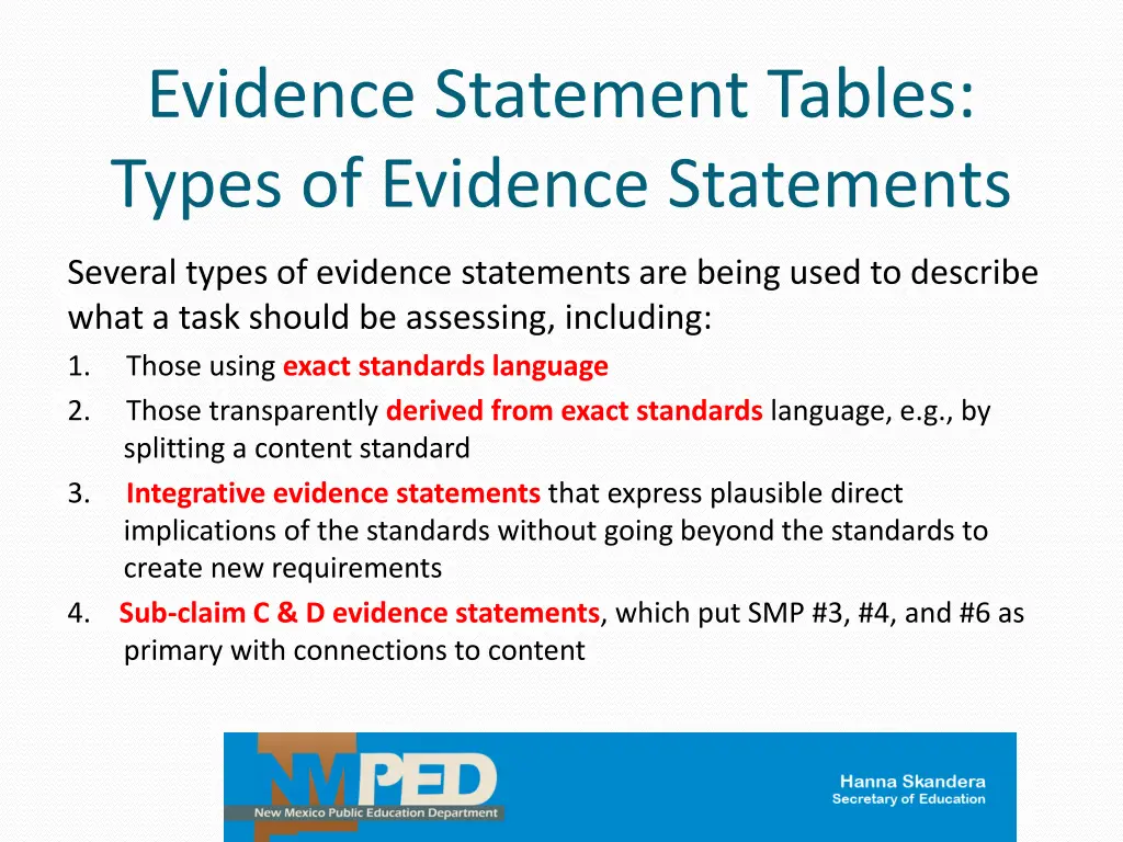 evidence statement tables types of evidence