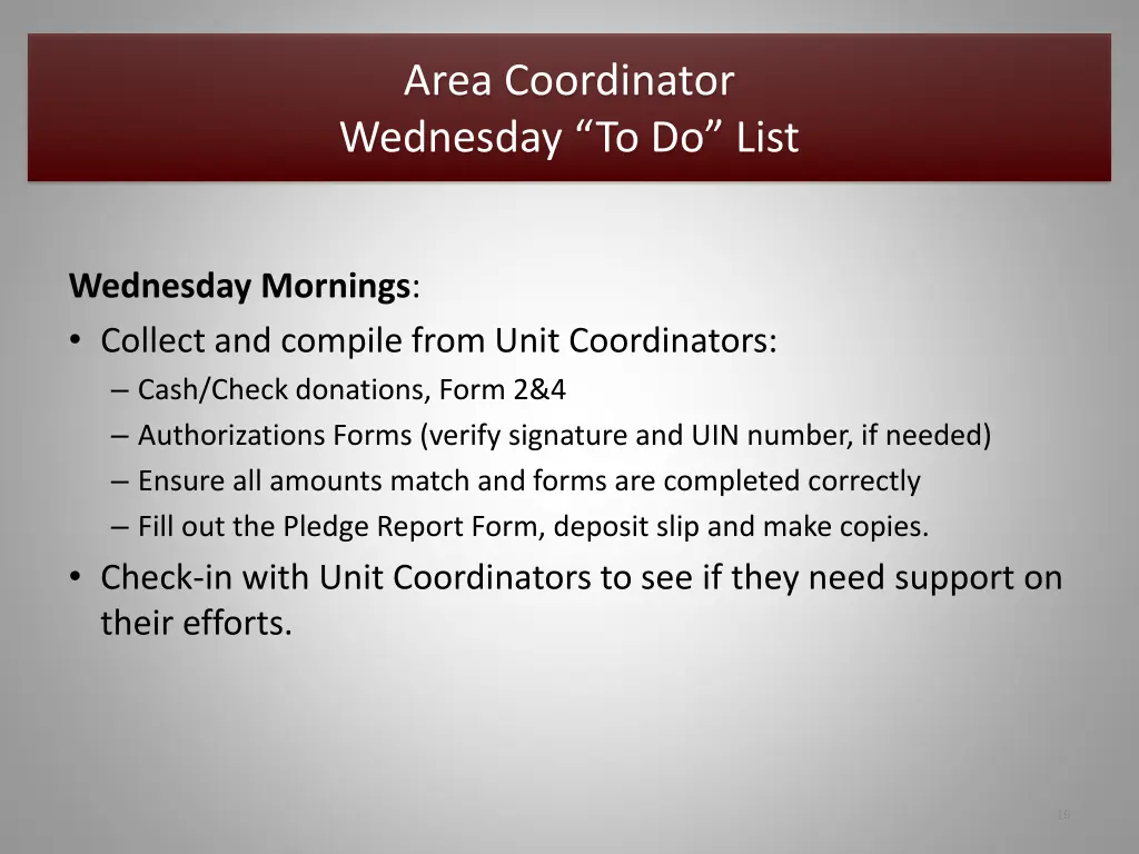 area coordinator wednesday to do list