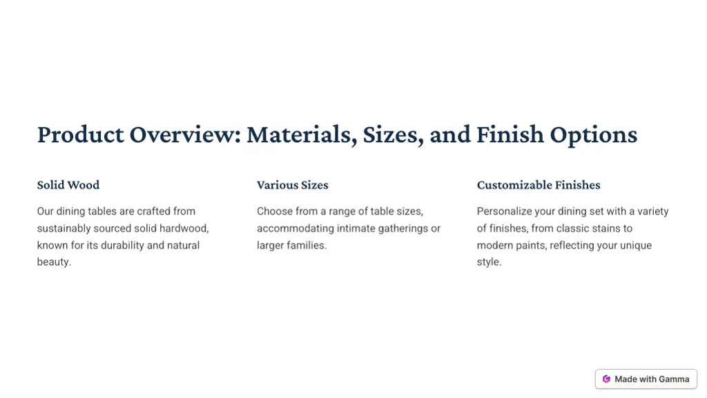 product overview materials sizes and finish