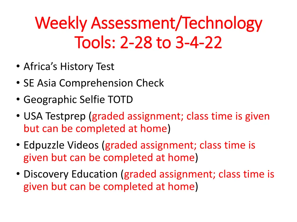 weekly assessment technology weekly assessment