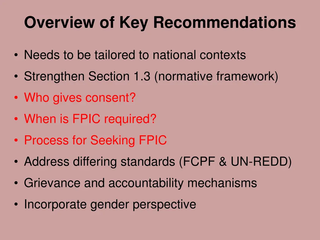 overview of key recommendations
