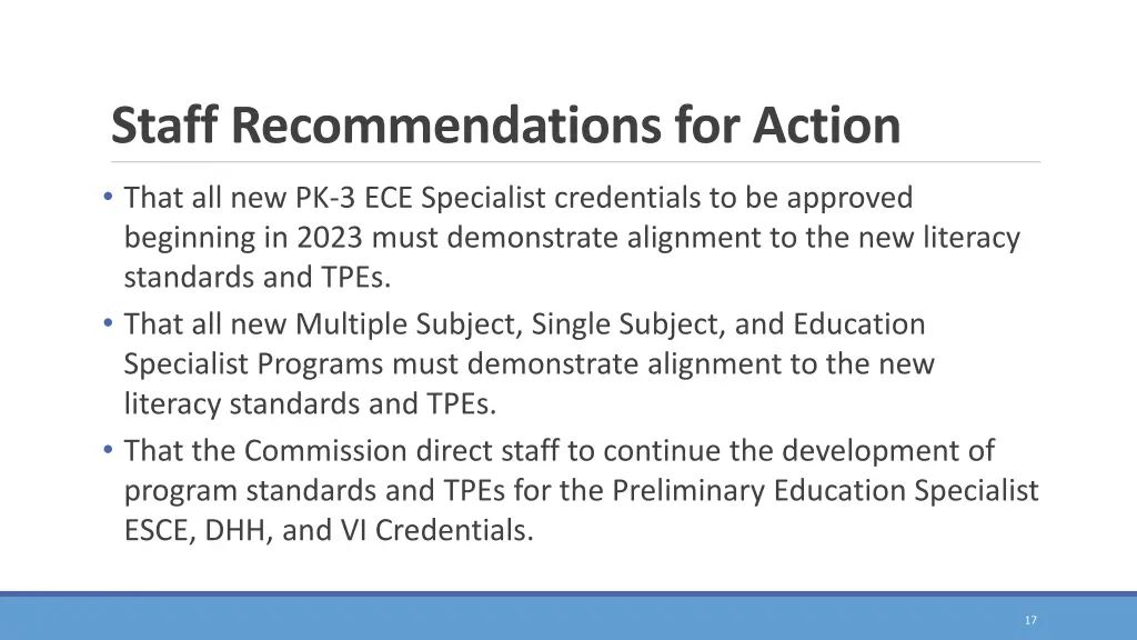 staff recommendations for action