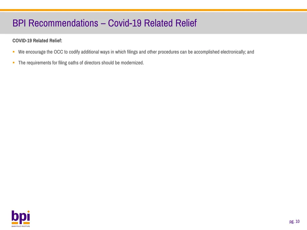 bpi recommendations covid 19 related relief