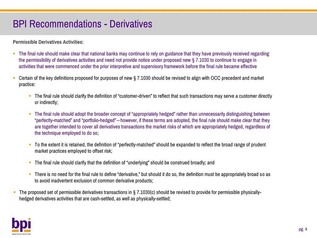 bpi recommendations derivatives