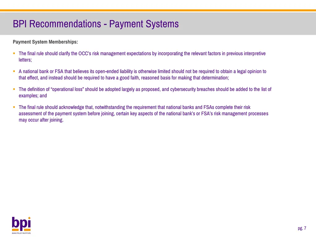 bpi recommendations payment systems