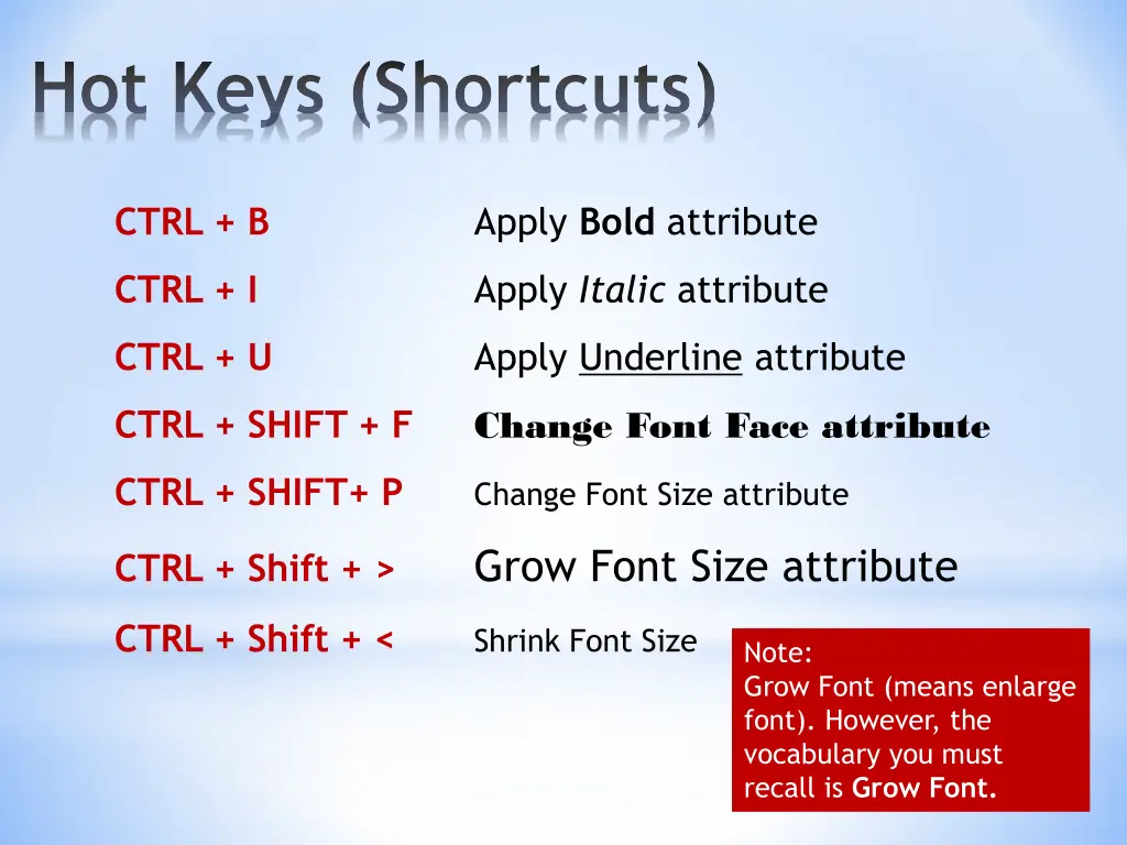 hot keys shortcuts