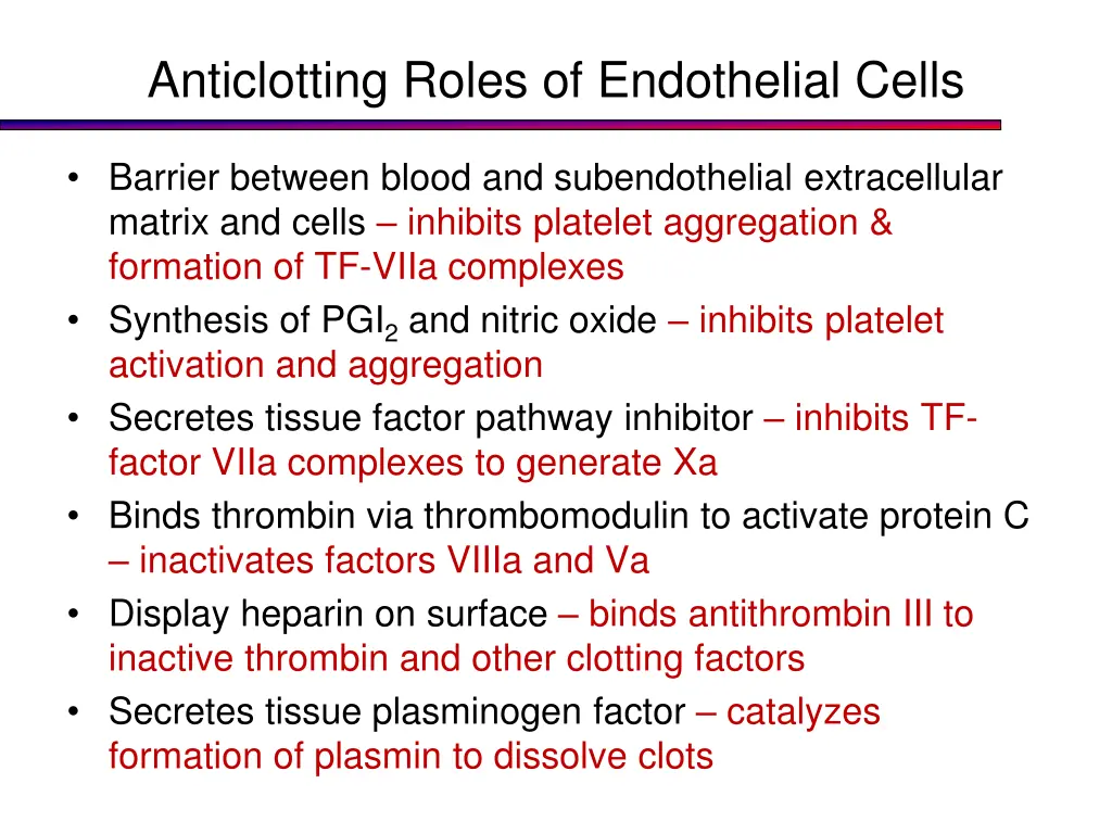 anticlotting roles of endothelial cells