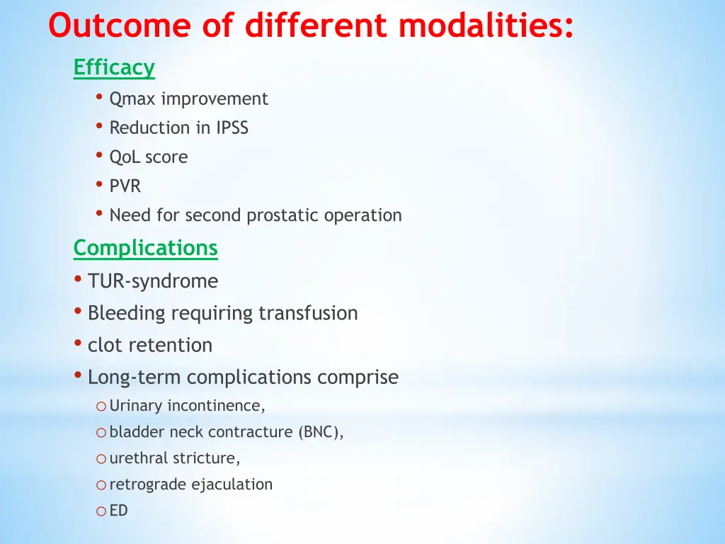 outcome of different modalities efficacy qmax