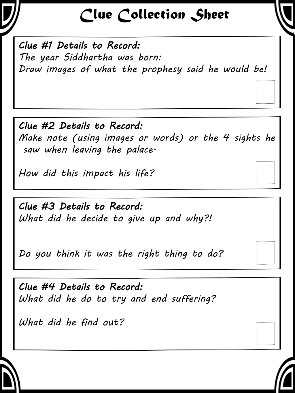 clue collection sheet