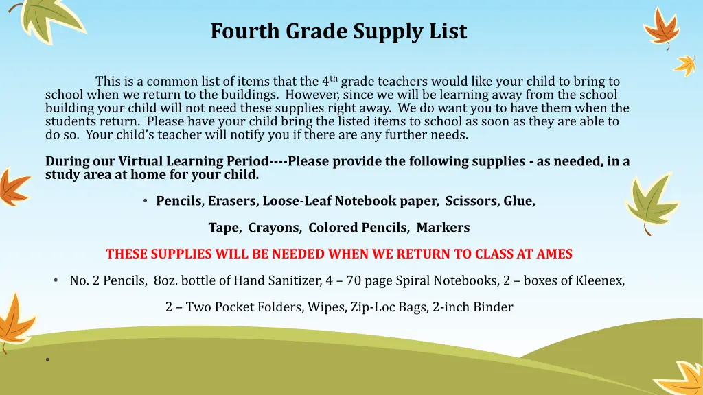 fourth grade supply list