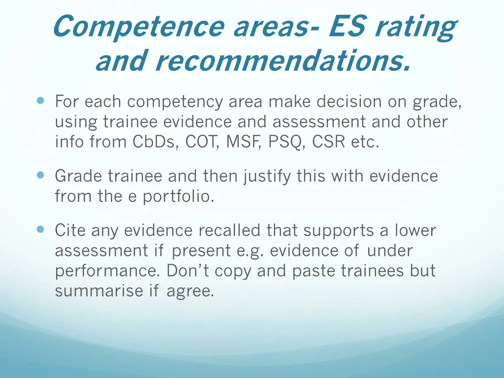 competence areas es rating and recommendations
