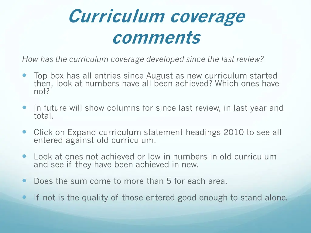 curriculum coverage comments