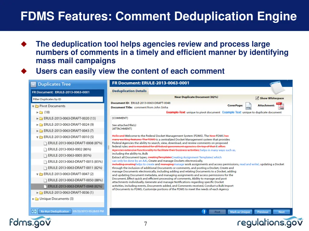 fdms features comment deduplication engine
