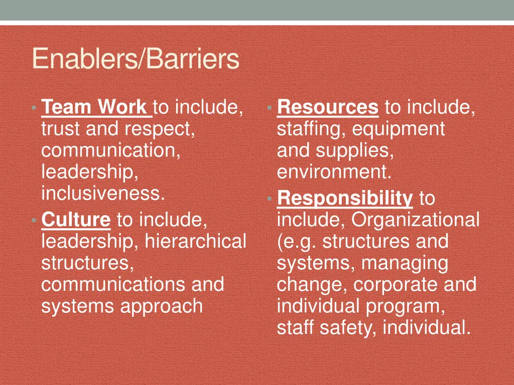 enablers barriers