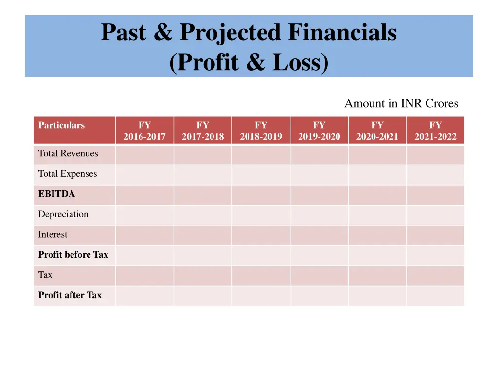 past projected financials profit loss