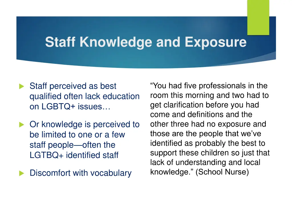 staff knowledge and exposure