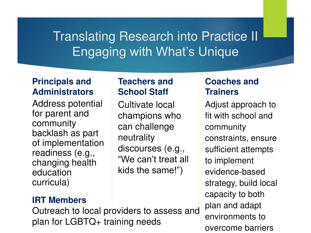 translating research into practice ii engaging