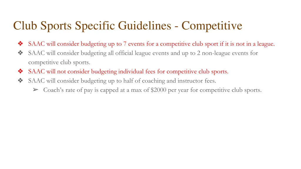 club sports specific guidelines competitive