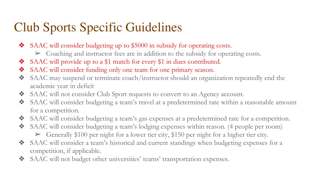 club sports specific guidelines