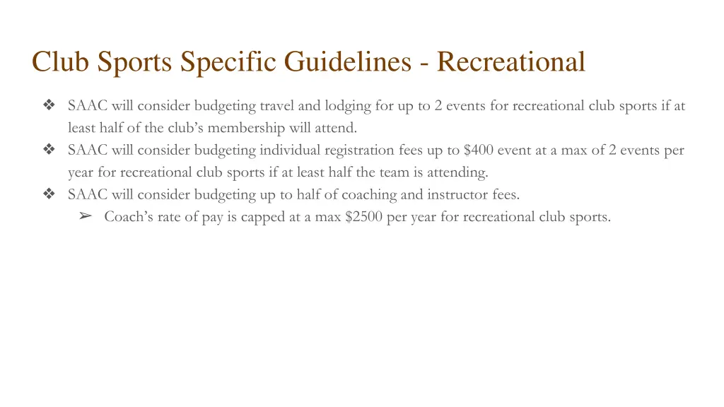 club sports specific guidelines recreational
