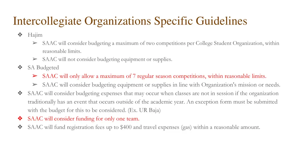 intercollegiate organizations specific guidelines