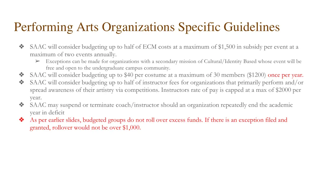performing arts organizations specific guidelines