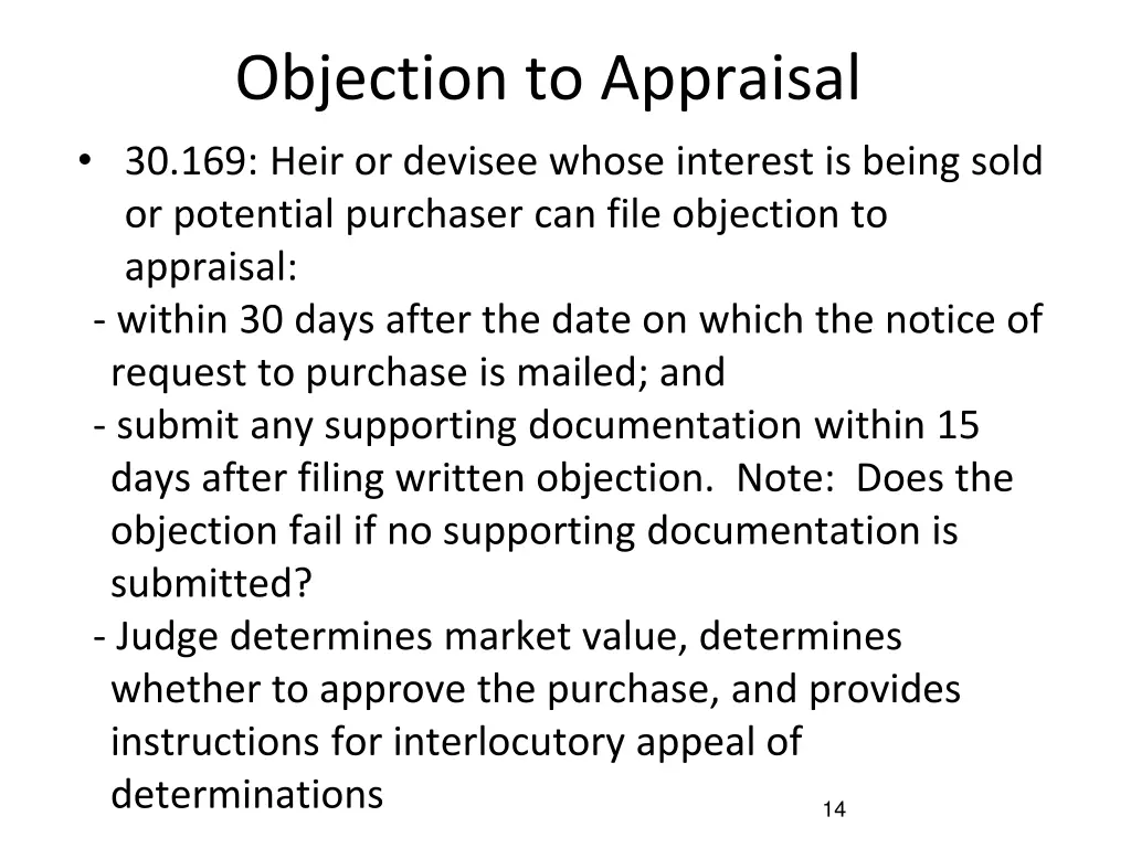 objection to appraisal 30 169 heir or devisee