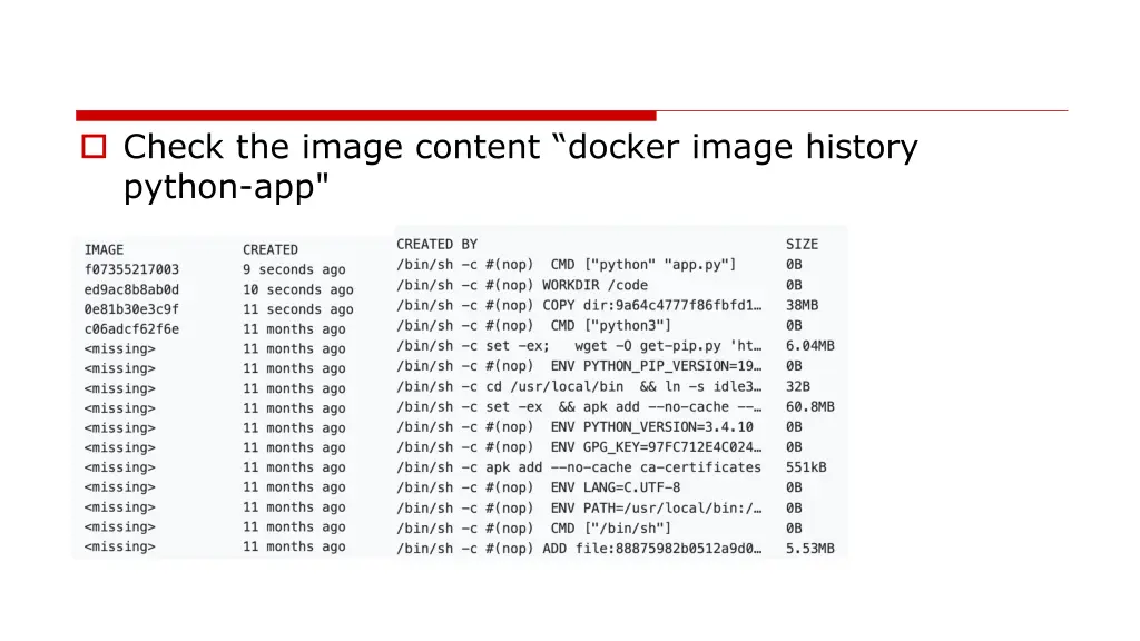 check the image content docker image history