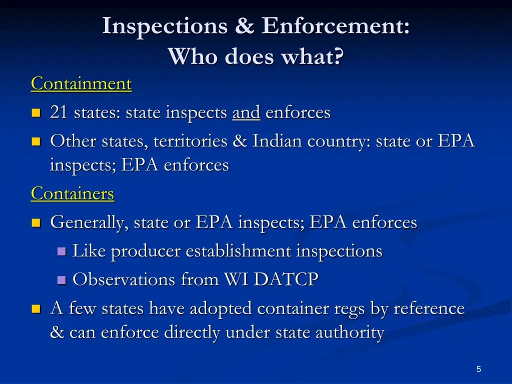 inspections enforcement who does what containment