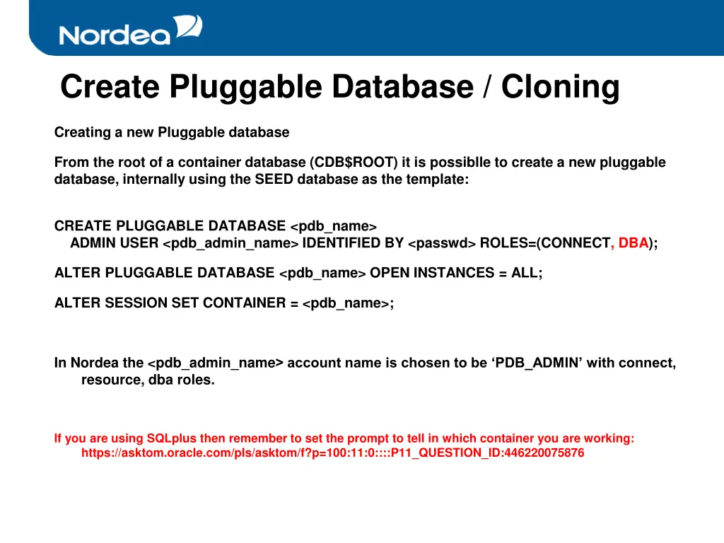 create pluggable database cloning 1
