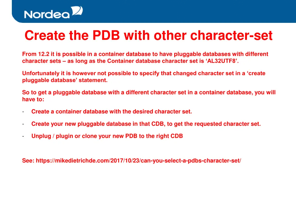 create the pdb with other character set