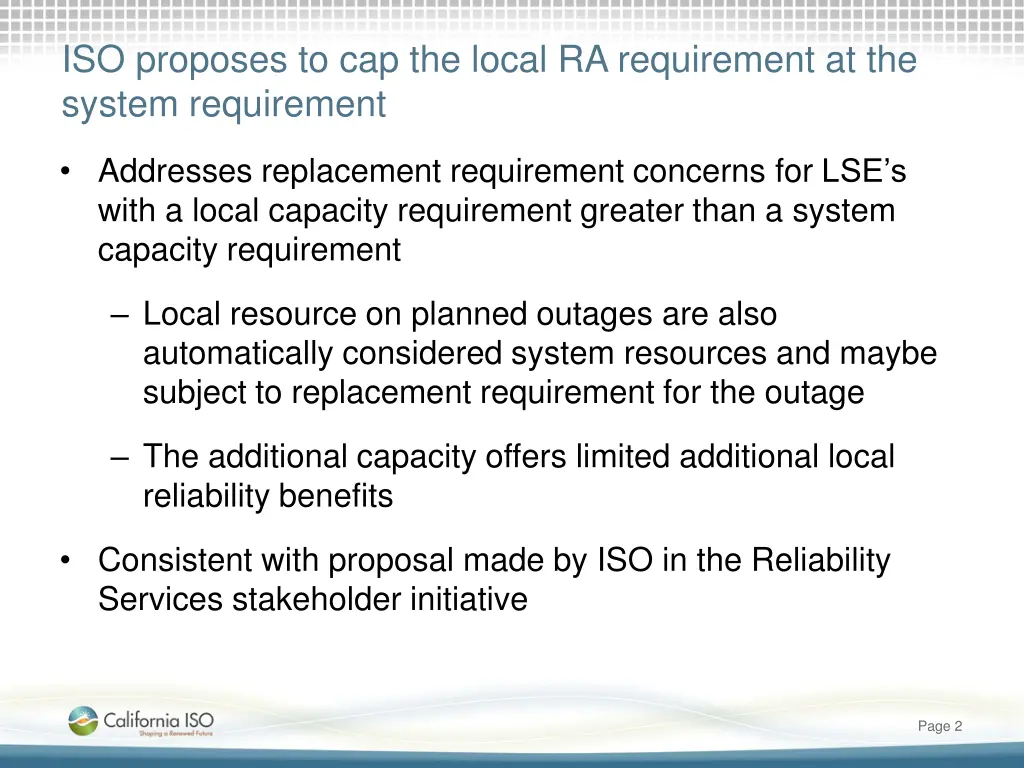 iso proposes to cap the local ra requirement