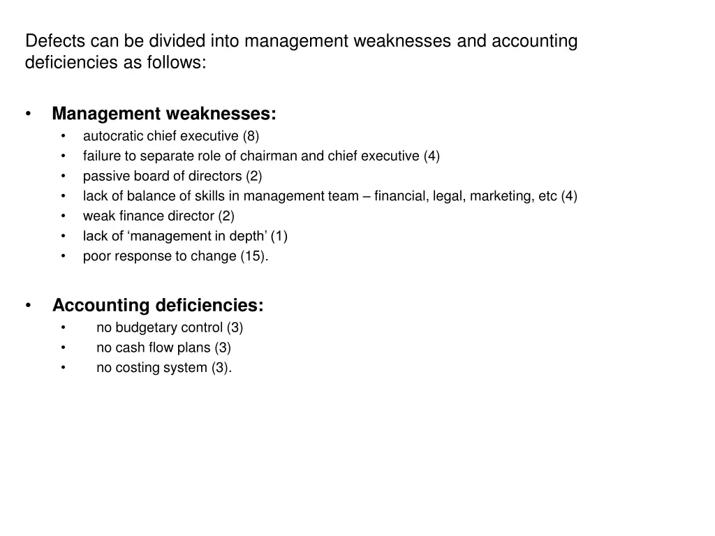 defects can be divided into management weaknesses