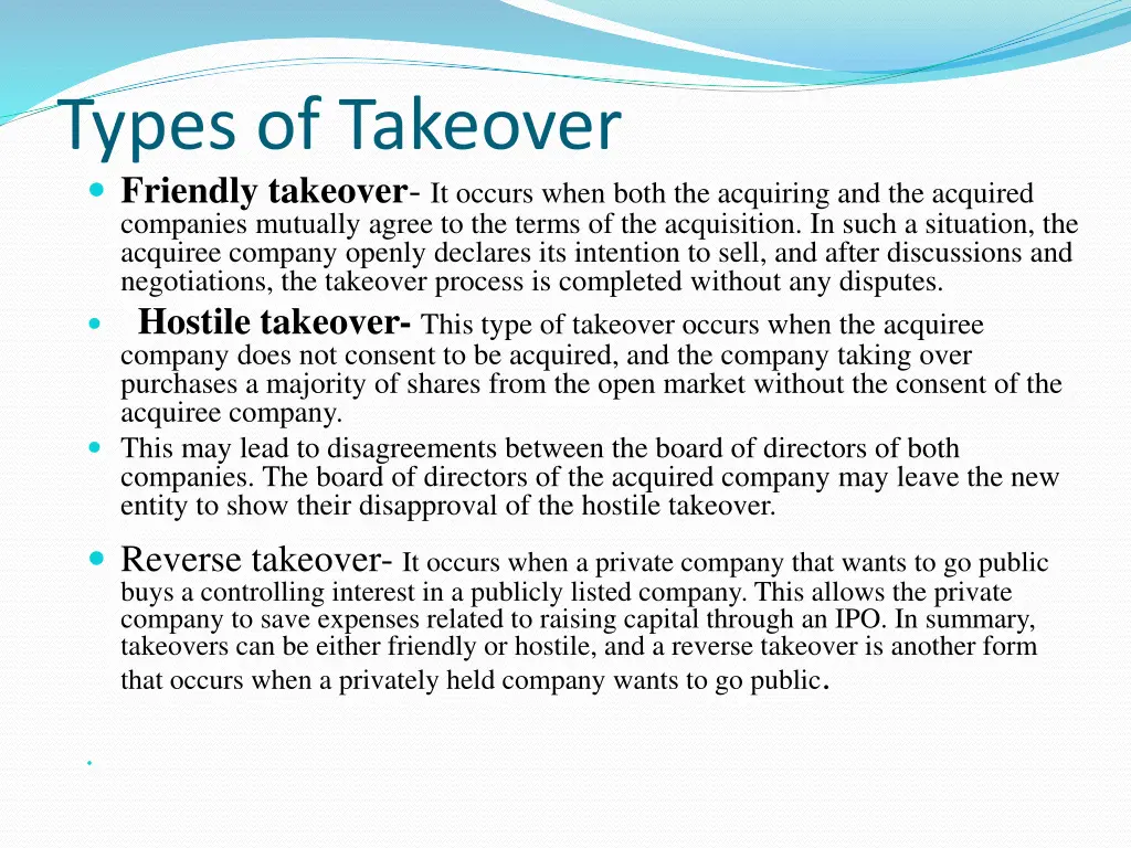 types of takeover friendly takeover it occurs