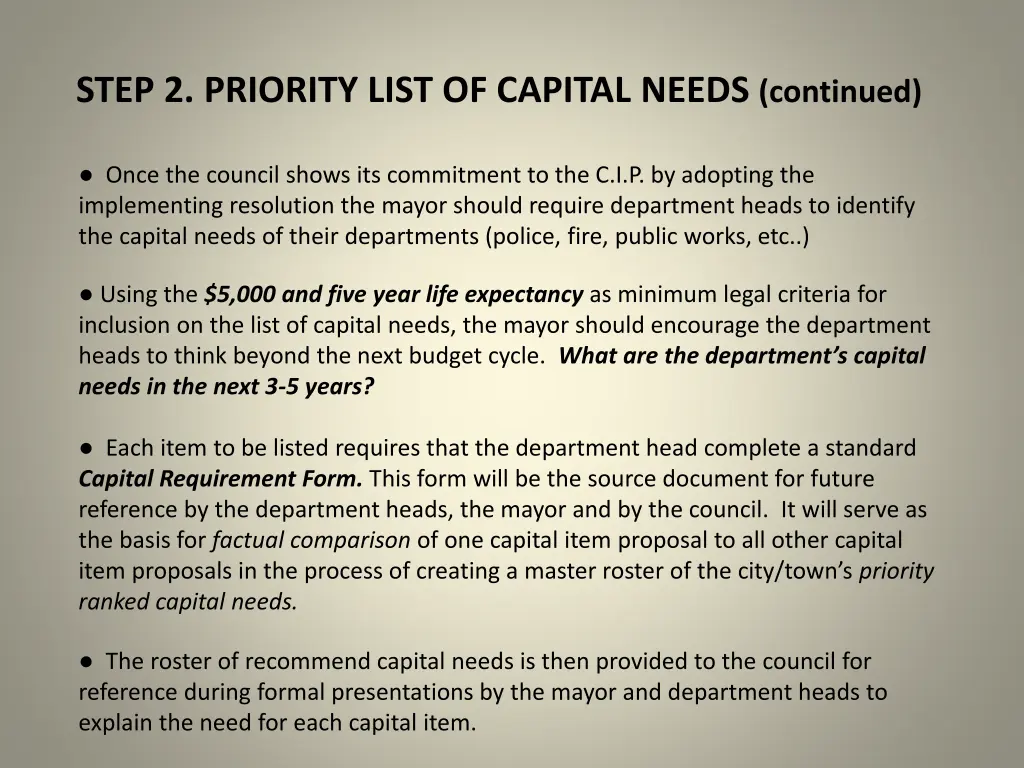 step 2 priority list of capital needs continued