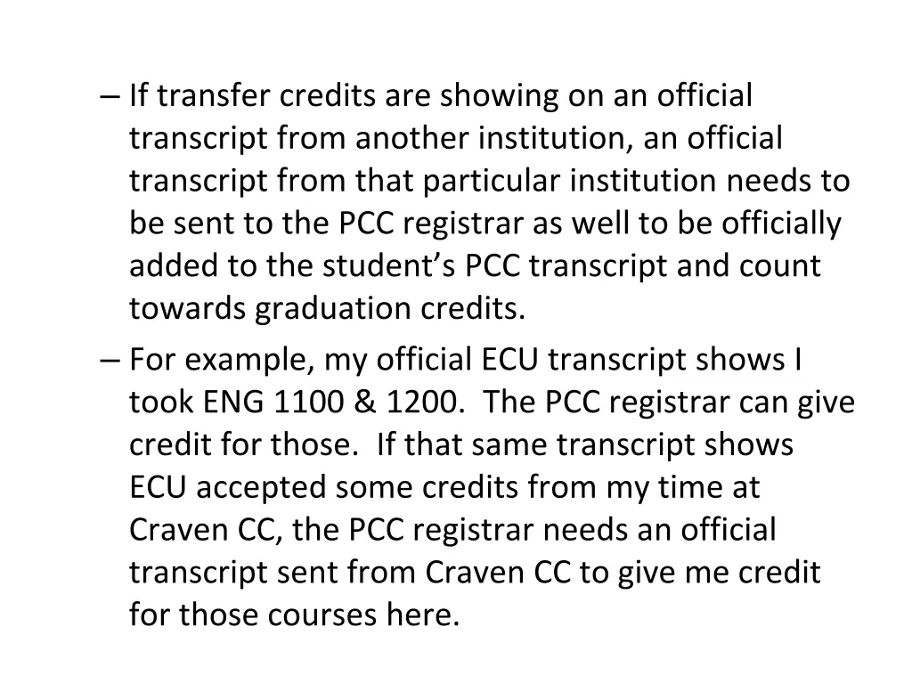 if transfer credits are showing on an official